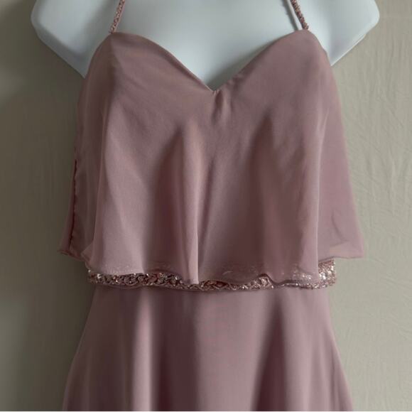 MORILEE Madeline Gardner Long Blush Pink Beaded Halter Dress Size 4 - Picture 2 of 8